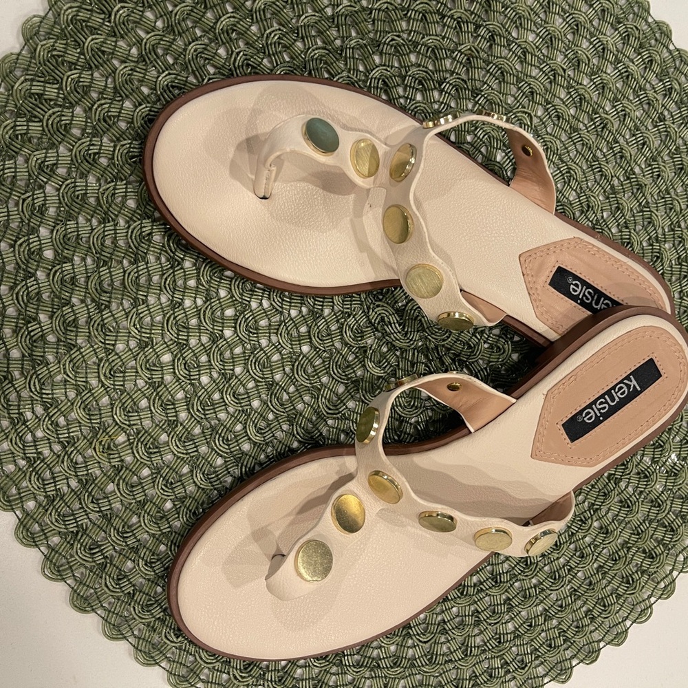 Kensie Cream Sandals with Gold and Green Accents